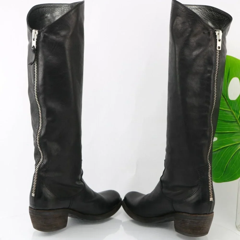 Vic Matie Womens Tall Boot Size 7.5 Black Leather Western Riding Low Heel Italy - Picture 8 of 11